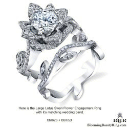 The large Lotus Swan flower engagement ring shown with its matching leafy wedding band - bbr626 with bbr653