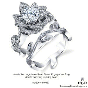 The large Lotus Swan flower engagement ring shown with its matching leafy wedding band - bbr626 with bbr653