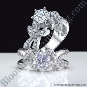 Lotus Leafy Split Shank Diamond Flower Engagement Ring
