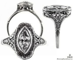 mq003bbr | Antique Filigree Ring | for a .90ct. to 1.05ct. marquise stone | Swirled Pattern Frame - Blooming Beauty Ring