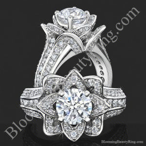 Two views of the nature inspired 1.38 ctw Blooming Beauty flower ring with pave petals - bbr434m