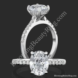 The Oval Embrace hidden halo diamond engagement ring standing up and laying down, BBR742E