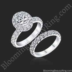 Oval halo diamond engagement ring and matching round diamond wedding band, BBR-727Set