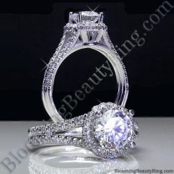 Round diamond engagement ring in a pave halo with an open bridge under the center and pave set diamonds down a split band - bbr496-1