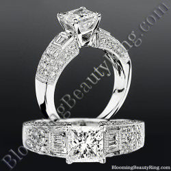 Princess cut diamond engagement ring on a wide pave set band with milgrain edging and a squared diamond pattern along the shoulders - bbrnw6003
