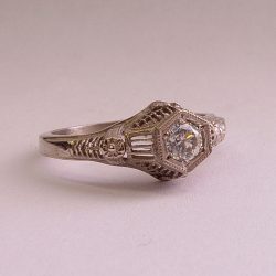 125FBBR antique filigree engagement ring with a round diamond and Art Deco details