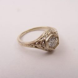 128-5FBBR antique filigree engagement ring with a round diamond and scrollwork
