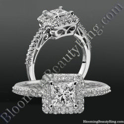 Princess cut diamond in a shared prong round diamond halo, set low over a filigree gallery with pave set diamonds down the band - bbrnw6005