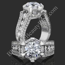 Two views of the queens crown low profile vintage inspired round engagement ring - bbr272e