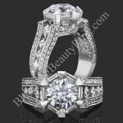 Two views of the queens crown low profile vintage inspired round engagement ring - bbr272e