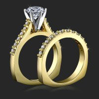 Raised Step Prong Round Diamond Engagement Ring Set with Flat Rounded Bottom Band