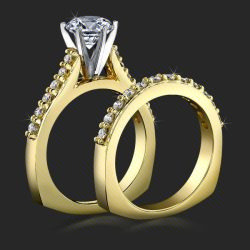 Raised Step Prong Round Diamond Engagement Ring Set with Flat Rounded Bottom Band