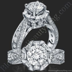 Round diamond engagement ring set high above baguette and pave diamonds on a hand carved milgrain edged band - bbr458
