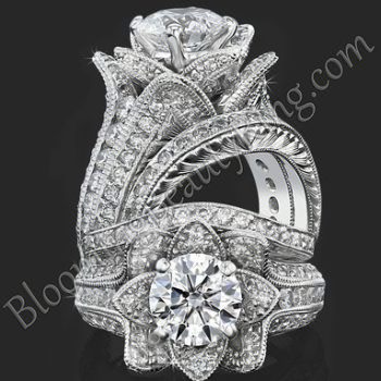 Two views of the small hand engraved blooming beauty flower ring with its matching engraved wedding band, standing and face on - bbr434en-s-set