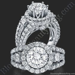Round diamond in an enchanting halo with baguette accents and pave set diamonds sweeping down a hand carved band - bbr608