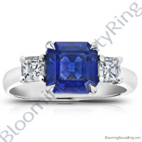 3.51 ctw. Square Emerald Blue Sapphire Ring with Asscher Side Diamonds