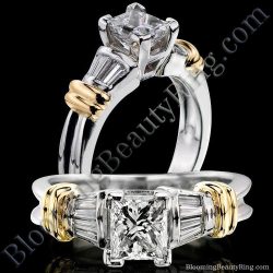 Princess cut diamond engagement ring with tapered baguette side diamonds and ribbons of yellow gold wrapping a two tone white gold band - bbrnw8872