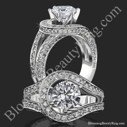 Swept Off Your Feet .92 ctw custom diamond engagement ring with a round center diamond, standing and face-on views, available in 14K, 18K, platinum, palladium, white, yellow, rose and 2-tone gold
