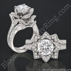 Crimson Rose flower diamond engagement ring and matching wedding band in white gold, shown standing and lying down.