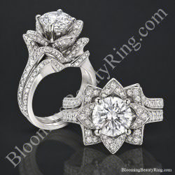 Crimson Rose flower diamond engagement ring and matching wedding band in white gold, shown standing and lying down.
