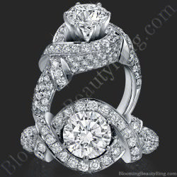 Round diamond engagement ring wrapped in ribbons of pave set diamonds that embrace the center stone from both sides - bbr327