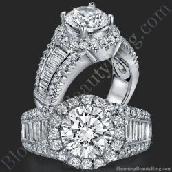 Round diamond in a heavenly halo above rows of channel set baguettes and pave diamonds along a wide antique styled band - bbr291