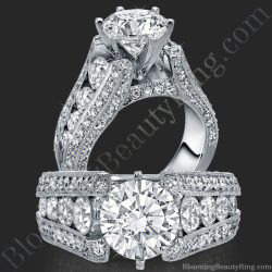 Round diamond engagement ring on an escalating split shank, stepped rows of pave diamonds climbing toward the six prong head - bbr392