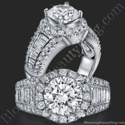Round diamond in a majestic halo above rows of channel set baguettes and pave diamonds along a wide antique styled band - bbr291