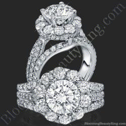 Round diamond rising out of a split halo, larger round diamonds circling the center above a pave set split shank - bbr542