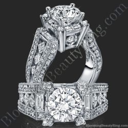 Round diamond engagement ring set high on a hand carved throne of baguette and pave diamonds with milgrain edged shoulders - bbr214-1