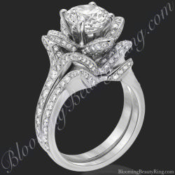 The large crimson rose flower diamond engagement ring set