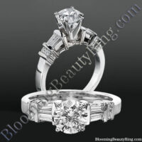 Tiffany Style Engagement Ring with Tapered Baguette and Small Round Side Accent Diamonds