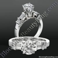 Tiffany Style Engagement Ring with Tapered Baguette and Small Round Side Accent Diamonds