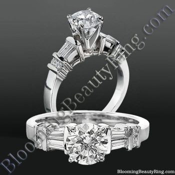 Tiffany style round diamond engagement ring with a tapered baguette and small round accent diamonds set on each side - bbrnw6010