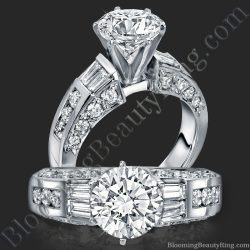 Traditional six prong engagement ring with channel set baguette and round diamonds running down a wide stepped band - bbr328