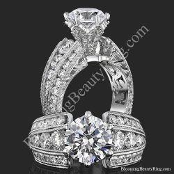 The Trinity Crest thick band engagement ring standing up and laying down, with three rows of round diamonds on each side and a diamond paved crown, BBR505A
