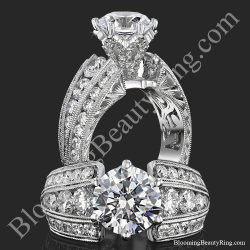 The Trinity Crest thick band engagement ring standing up and laying down, with three rows of round diamonds on each side and a diamond paved crown, BBR505A