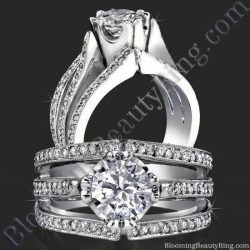 Round diamond engagement ring held in a tall tulip style head above a wide triple split band lined with micro pave diamonds - bbr239