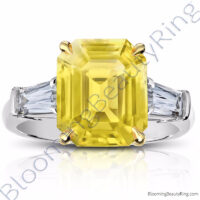 7.94 ctw. Yellow Emerald Cut Sapphire Ring with Brilliant Baguette Side Diamonds
