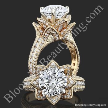 1.78ctw Yellow Gold Large Hand Engraved Blooming Beauty Flower Diamond Engagement Ring – bbr434ygen